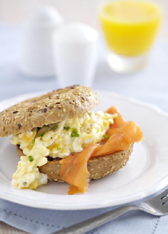Smoked Salmon Bagel With Scrambled Eggs And Herbs
