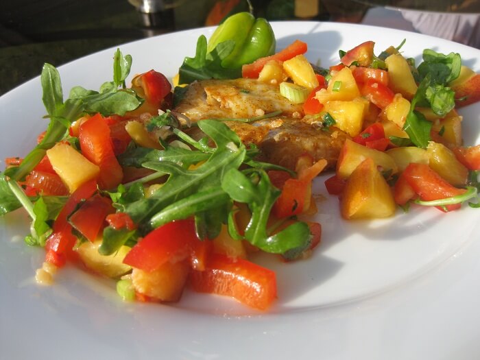 Grilled Sweet Halibut with Pepper And Peach Salsa