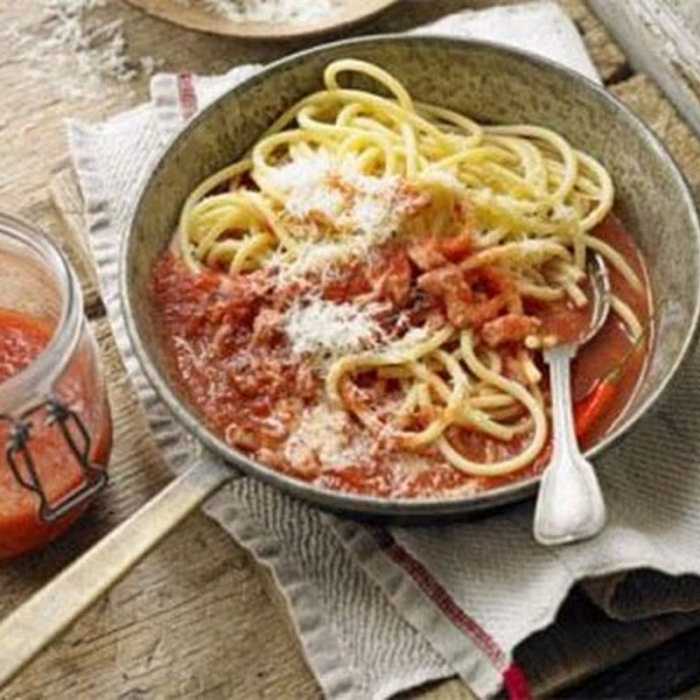 Spaghetti With Salami, Chili Prawns, And Gremolata Breadcrumbs