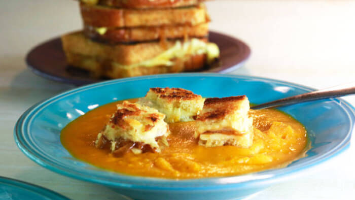 Tomato Soup With Grilled Cheese Bits